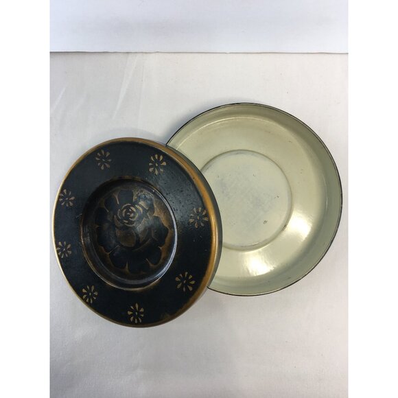 Vintage Japanese Lacquer Jewelry Trinket Box Black Gold Round Lidded 5.5'' - Picture 11 of 11